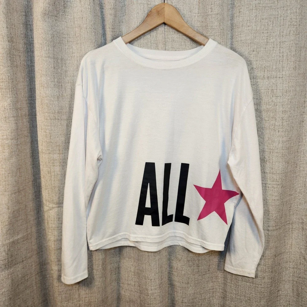 Converse Long Sleeve Shirt Youth Girls XL White/Pink Cropped Loose Logo Skater